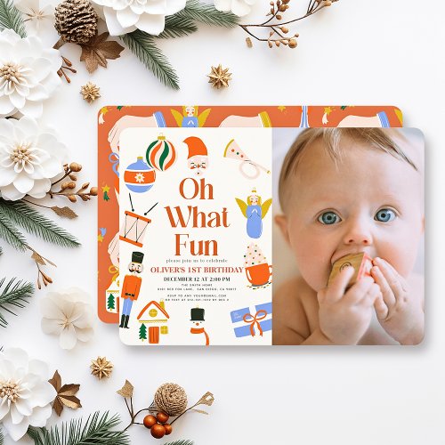 Oh What Fun Christmas Holiday 1st Birthday Invitation