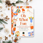 Oh What Fun Christmas Holiday 1st Birthday Invitation<br><div class="desc">This cute "oh what fun" 1st/first birthday invitation features a cream background with Santa Claus,  a snowman,  nutcracker,  angel,  trumpet,  drum,  and holiday ornaments. The reverse side features a red background with ornament patterns. Personalize it for your needs. You can find matching products at my store.</div>