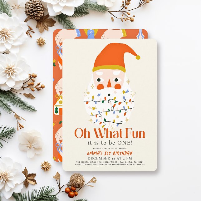 Oh What Fun Christmas Holiday Santa 1st Birthday Invitation (Creator Uploaded)