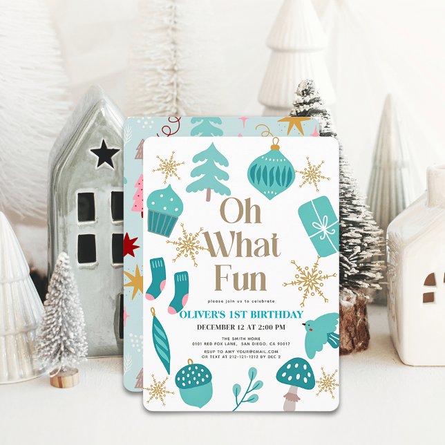Oh What Fun Christmas Motifs Green 1st Birthday Invitation (Creator Uploaded)