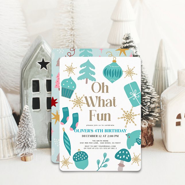 Oh What Fun Christmas Motifs Green Birthday Invitation (Creator Uploaded)