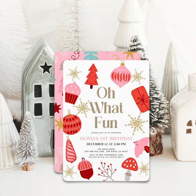 Oh What Fun Christmas Motifs Pink 1st Birthday Invitation (Creator Uploaded)