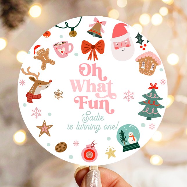 Oh What Fun Christmas Party Girl 1st Birthday  Classic Round Sticker (Creator Uploaded)