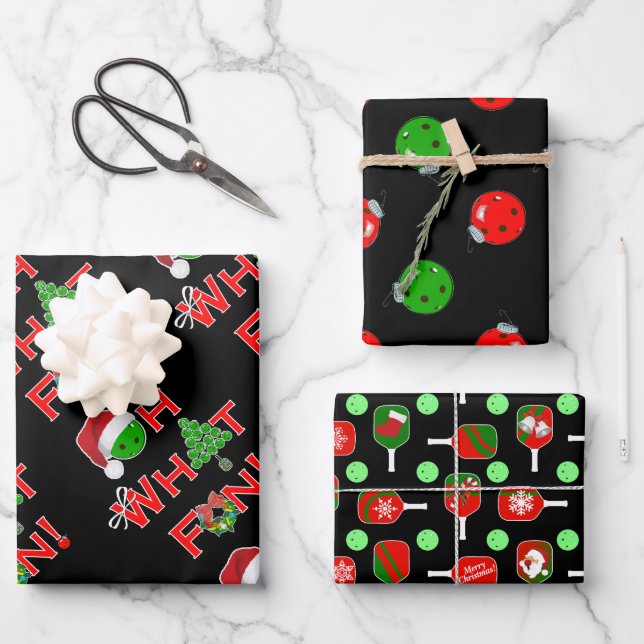 Oh What Fun Christmas Pickleball Green and Red Wrapping Paper Sheets (Front)