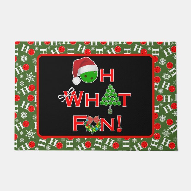 Oh What Fun Christmas Pickleball Green & Red Snow Doormat (Front)