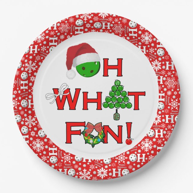 Oh What Fun Christmas Pickleball Party Red White  Paper Plates (Front)
