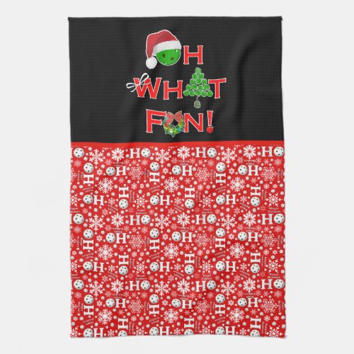 Oh What Fun Christmas Pickleball Red and White Kitchen Towel