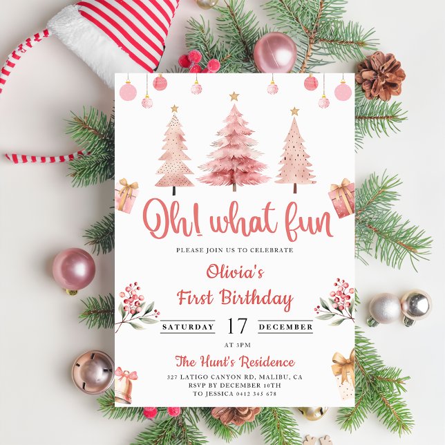 Oh What Fun Christmas Pink Winter Tree Birthday Invitation (Creator Uploaded)