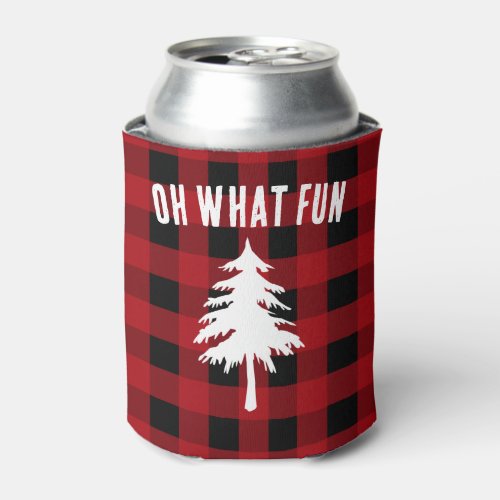 Oh What Fun Christmas Red Black Buffalo Plaid  Can Cooler