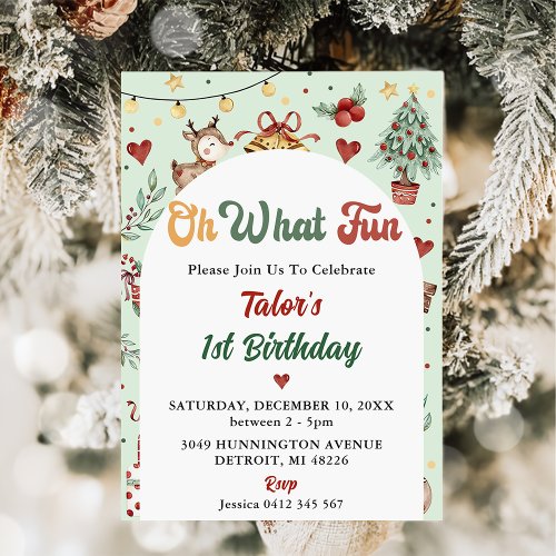 Oh What Fun Christmas Reindeer 1st Birthday Invitation