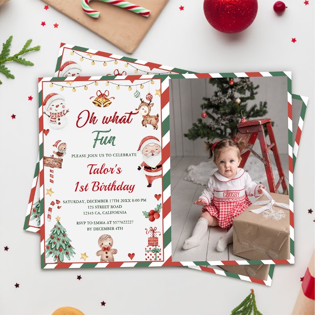 Oh What Fun! Christmas Santa 1st Birthday Photo Invitation (Creator Uploaded)
