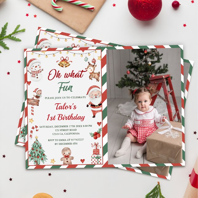 Oh What Fun! Christmas Santa 1st Birthday Photo Invitation (Creator Uploaded)