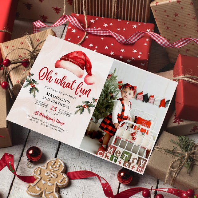 Oh What Fun Christmas Santa Hat Birthday Party Invitation (Creator Uploaded)