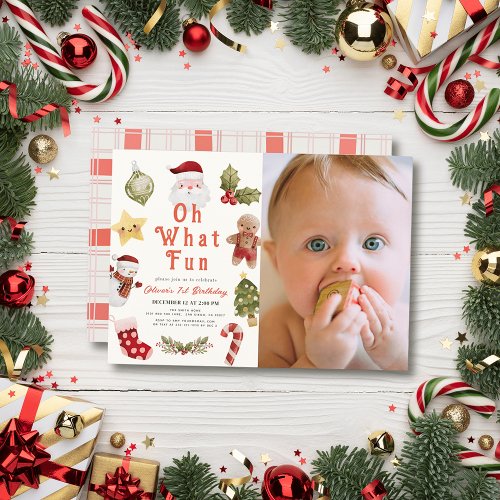 Oh What Fun Christmas Santa Photo 1st Birthday Invitation