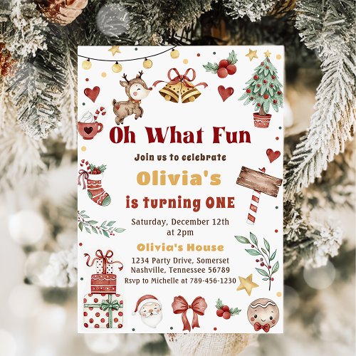 Oh What Fun Christmas Santa Reindeer Birthday  Invitation