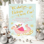 Oh what fun Christmas Santa Sleigh Birthday Party Invitation<br><div class="desc">Soft and pretty Santa's Christmas Sleigh Birthday party invitations. Features a pink and faux gold sleigh with a big bag of holiday gifts and candy in the winter snow. Faux gold snowflakes against a soft blue sky. The words "Oh what fun" and "is turning" can not be changed but can...</div>