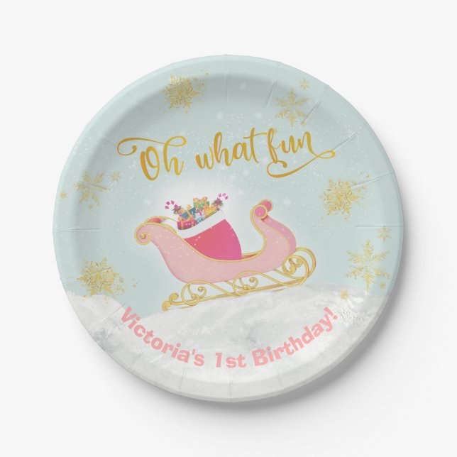 Oh what fun Christmas Santa Sleigh Birthday Party Paper Plates (Front)