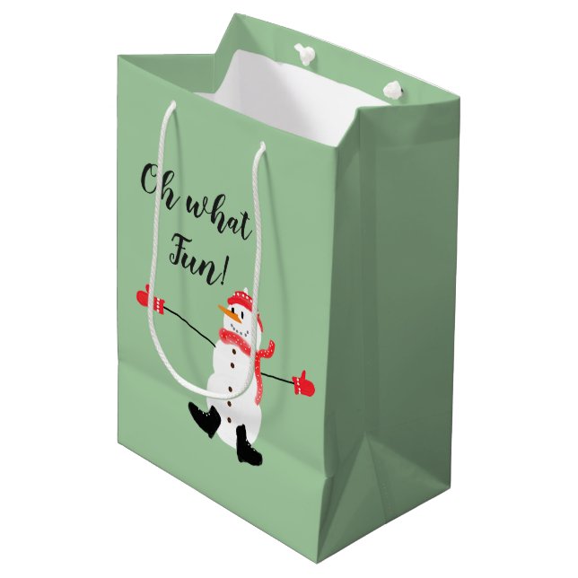Oh what Fun Christmas Snowman Sage Green Medium Gift Bag (Front Angled)