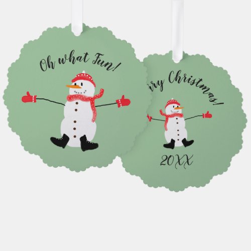 Oh what Fun Christmas Snowman Sage Green Ornament Card
