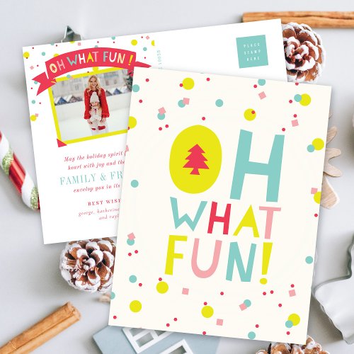 Oh What Fun Christmas Tree Colorful Confetti Dots Holiday Postcard