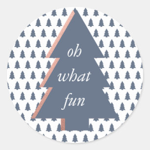 Oh What Fun Christmas Tree Pattern Blue Rose Gold Classic Round Sticker