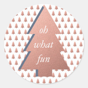 Oh What Fun Christmas Tree Rose Gold Blue White Classic Round Sticker