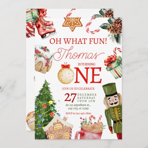 Oh What Fun Christmas Winter First Birthday Invitation