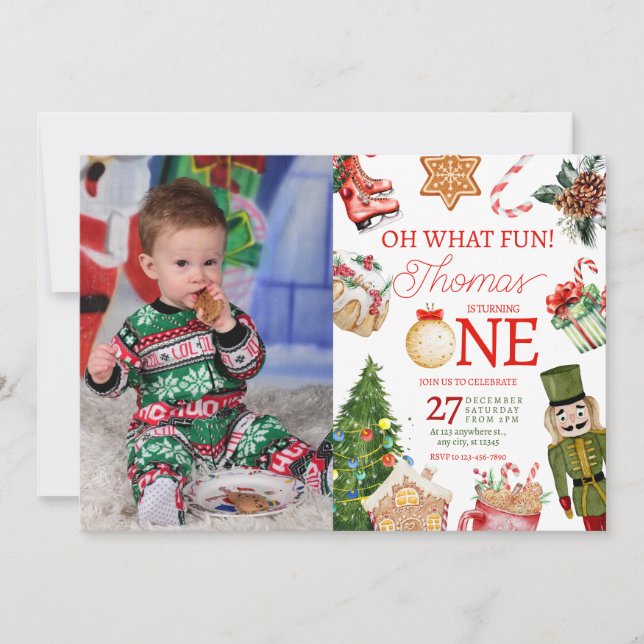 Oh What Fun Christmas Winter First Birthday Invitation (Front)