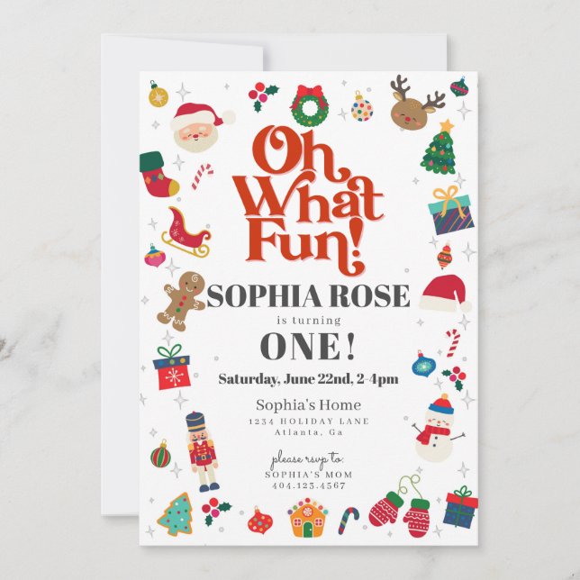 Oh What Fun Christmas Winter First Birthday Party Invitation (Front)