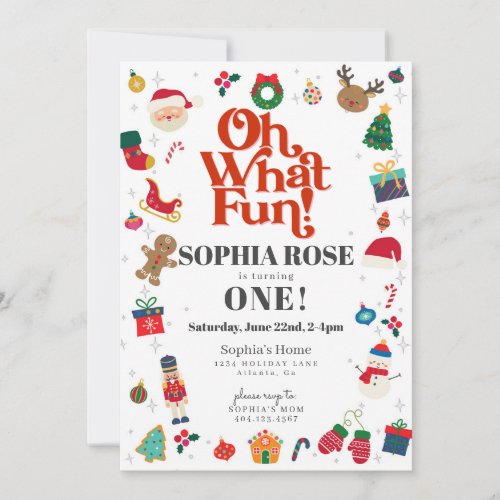 Oh What Fun Christmas Winter First Birthday Party Invitation
