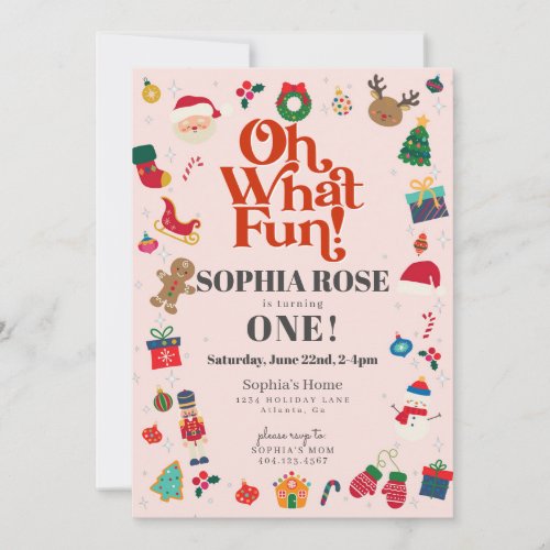 Oh What Fun Christmas Winter First Birthday Party Invitation