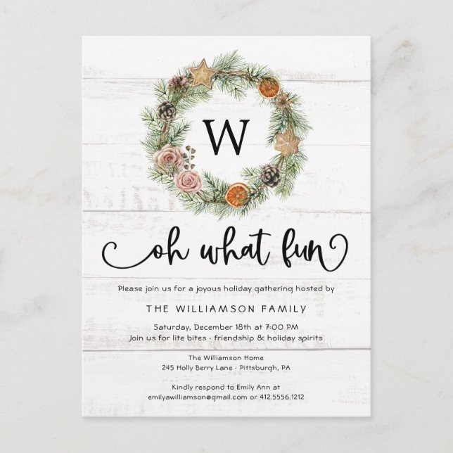 Oh What Fun Christmas Wreath Wood Christmas Party  Postcard (Front)
