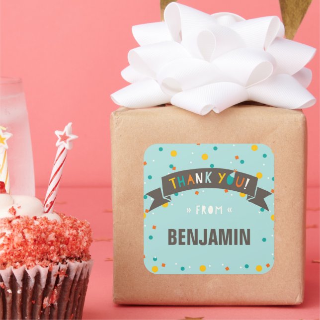 Oh What Fun Confetti Boy's Birthday Thank You Square Sticker (Party)