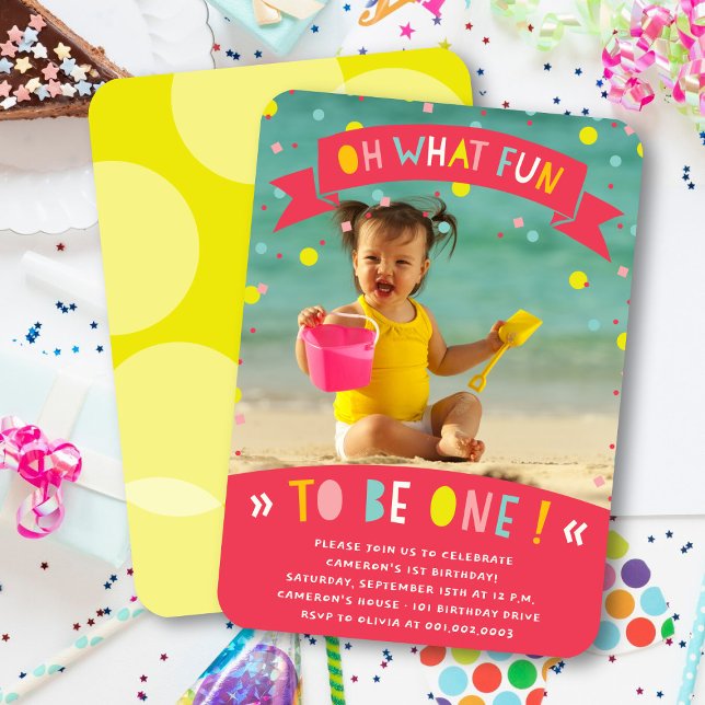 Oh What Fun Confetti Girl 1st Birthday Party Photo Invitation (Oh What Fun To Be One Colorful Confetti Girl 1st Birthday Party Photo Invitation @ fatfatin)