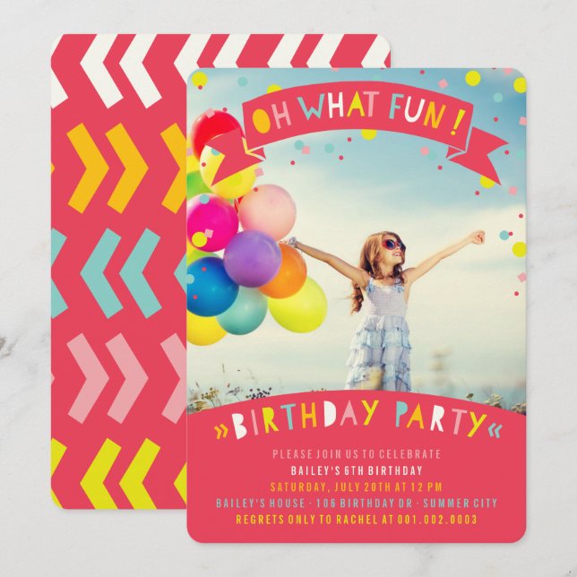 Oh What Fun Confetti Girl Birthday Party Invite (Front/Back)