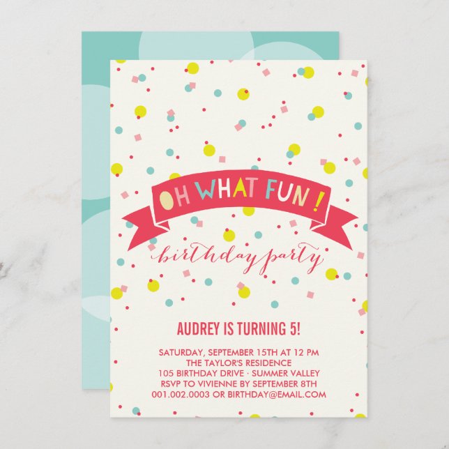 Oh What Fun Confetti Kids Birthday Party Invite (Front/Back)