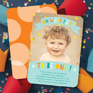 Oh What Fun Confetti Photo Boy 1st Birthday Party Invitation