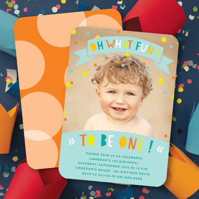 Oh What Fun Confetti Photo Boy 1st Birthday Party Invitation (Oh What Fun To Be One Colorful Confetti Photo Boy 1st Birthday Party Invitation @ fatfatin)