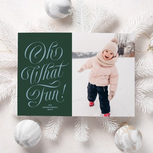 Oh what fun cute green blue Christmas photo Holiday Card