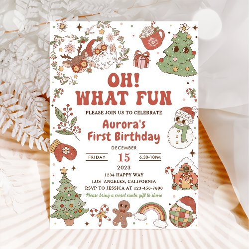 Oh What Fun Cute Groovy Santa Birthday Party Invitation