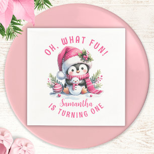Oh What Fun Cute Penguin Winter Girl 1st Birthday Napkins