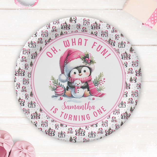 Oh What Fun Cute Penguin Winter Girl 1st Birthday Paper Plates (Creator Uploaded)