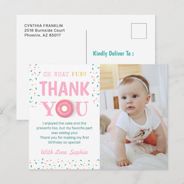 Oh What Fun Donut Birthday Party Photo Thank You Postcard (Front/Back)