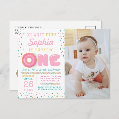 Oh What Fun Donut First Birthday Party Photo Postcard