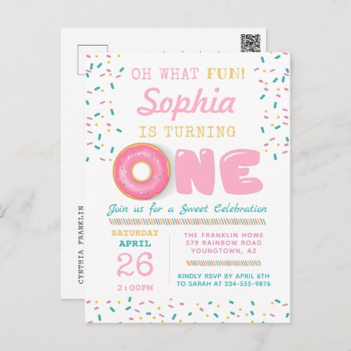 Oh What Fun Donut First Birthday Party Postcard