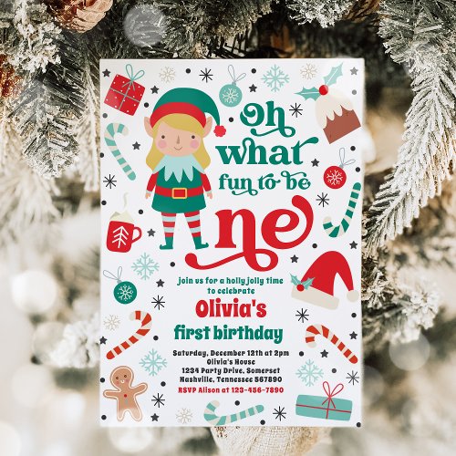 Oh What Fun Elf Christmas 1st Birthday Party Invitation