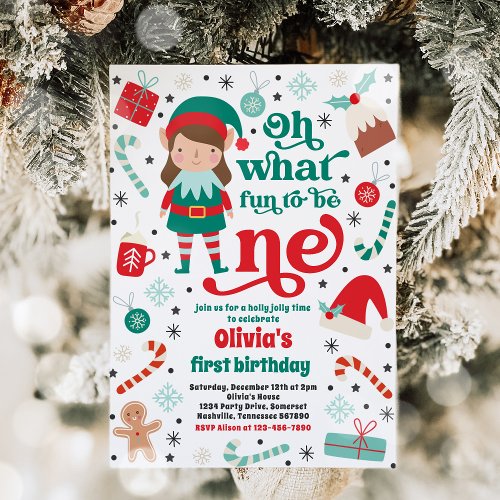 Oh What Fun Elf Christmas 1st Birthday Party Invitation