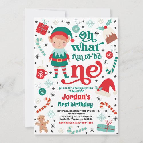 Oh What Fun Elf Christmas 1st Birthday Party Invitation