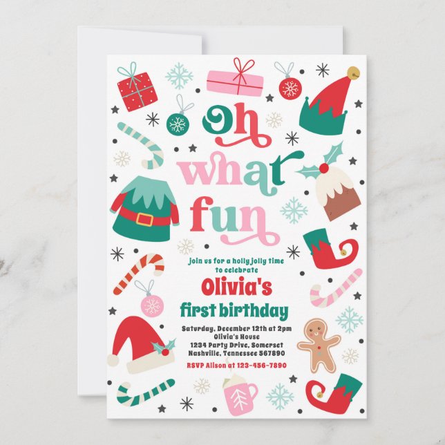 Oh What Fun Elf Christmas Birthday Party Invitation (Front)
