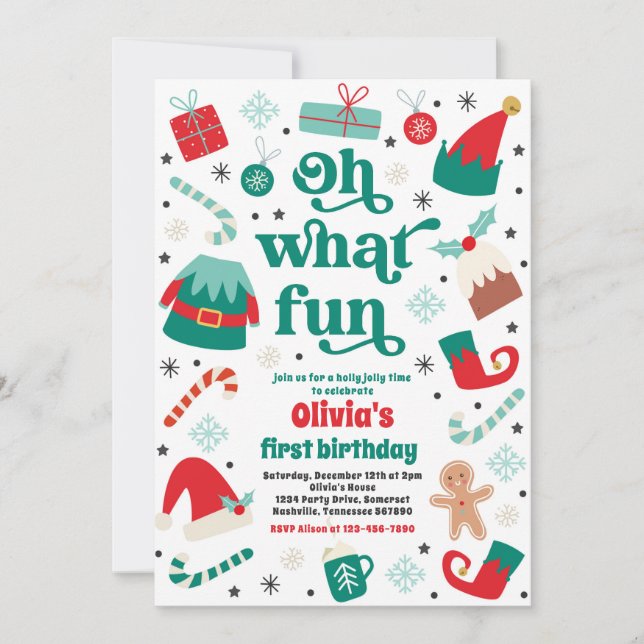 Oh What Fun Elf Christmas Birthday Party Invitation (Front)